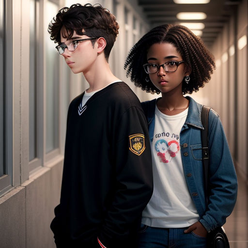 a couple of people standing next to each other in a hallway with a wall behind them and a door, serial art, a poster, Felix-Kelly, promotional image