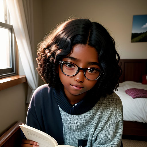 a young girl wearing glasses reading a book in a bedroom with a window behind her and a bed behind her, harlem renaissance, a character portrait, Alexis Simon Belle, girl
