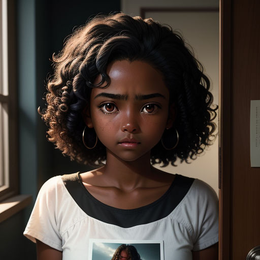 a young girl with curly hair and a t - shirt with a picture of a woman on it is standing in front of a door, photorealism, a hyperrealistic painting, Constance Gordon-Cumming, unreal render