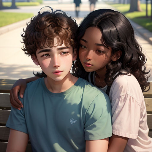 two children sitting on a bench in a park together, one of them is hugging the other's head, photorealism, a hyperrealistic painting, Felix-Kelly, cushart krenz