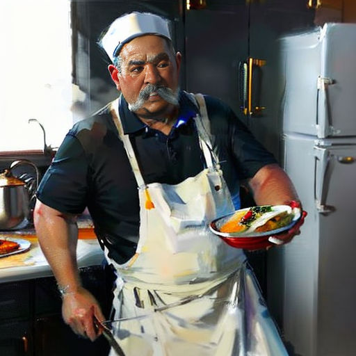 a man in a kitchen holding a plate of food in his hand and a mustache on his head,