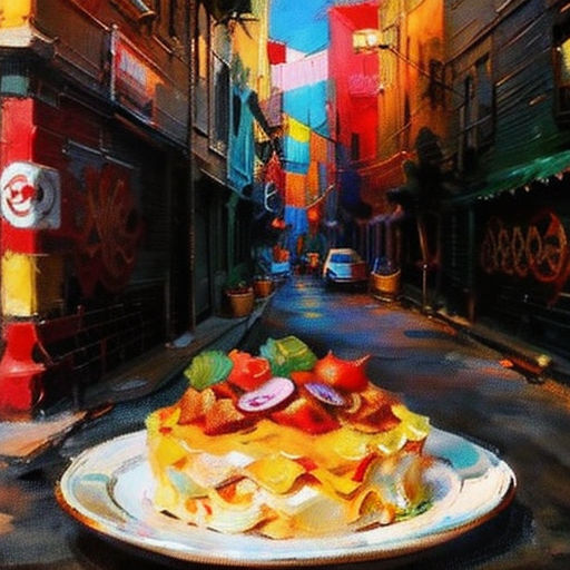 a painting of a plate of food on a street corner with buildings in the background and a street sign in the foreground