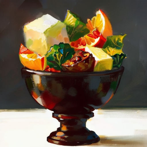 a painting of a bowl of fruit and cheese on a table top with a black background and a white table
