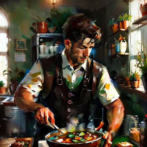 a man cooking a bowl of food in a kitchen with a pot of sauce on the counter top and a pot of sauce on the counter