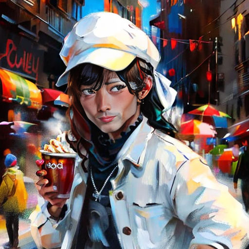 a painting of a woman holding a cup of coffee in a city street with umbrellas in the background