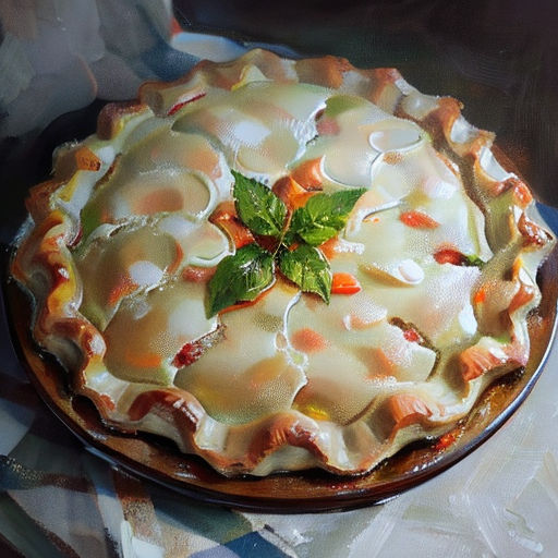 a pie with a leaf on top of it on a table top with a checkered cloth on it
