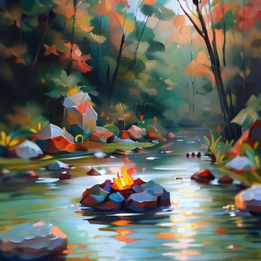 a painting of a river with rocks and a campfire in the middle of it, with trees and rocks in the background