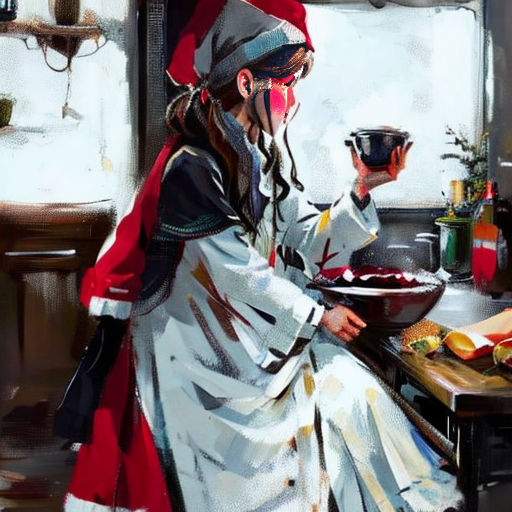 a painting of a woman in a kitchen holding a bowl of food and a plate of food on a table