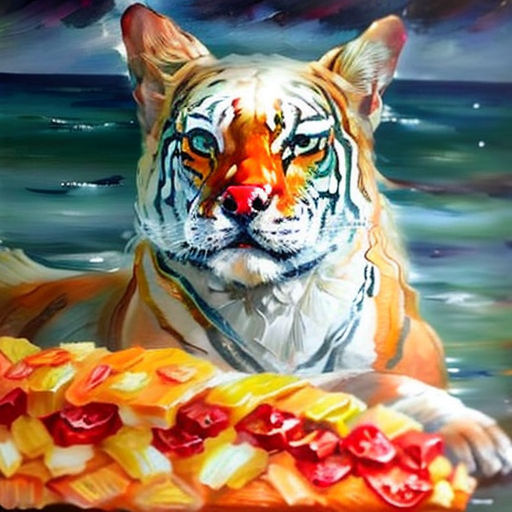 a painting of a tiger holding a piece of fruit in its mouth and a body of water in the background