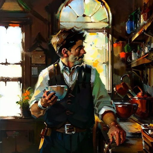 a painting of a man holding a cup in a kitchen with a window behind him and a pot on the counter