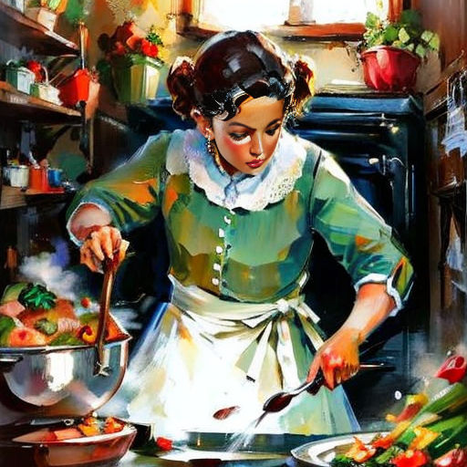 a painting of a woman cooking in a kitchen with a pot and pan on the stove top and a pan on the stove