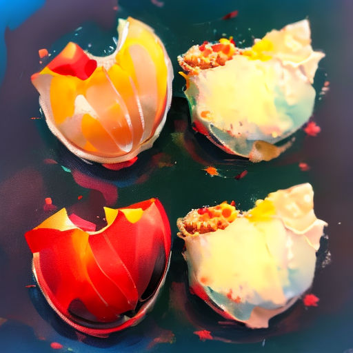 four pieces of cake sitting on top of a table next to each other on a plate with a blue background