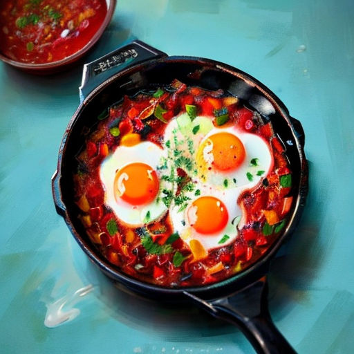 a pan with eggs and vegetables in it on a table next to a bowl of sauce and a spoon