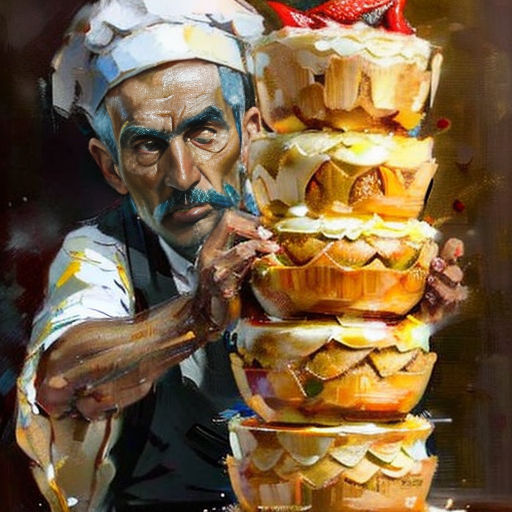 a painting of a man holding a stack of food in front of him with a knife and fork in his hand