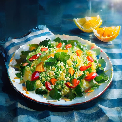 a plate of food with broccoli and peppers on it next to a lemon wedge and a blue and white striped table cloth