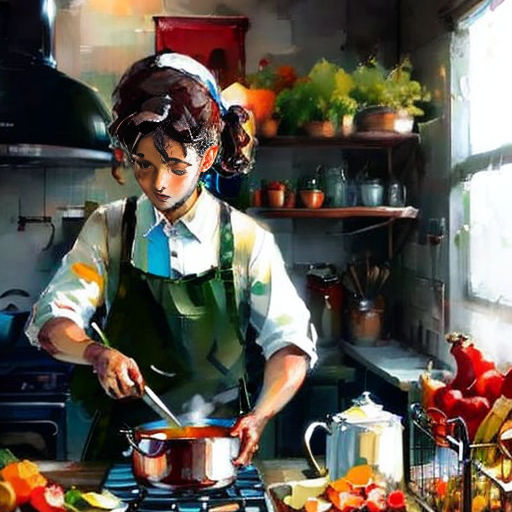 a painting of a woman cooking in a kitchen with a pot and pan on the stove top and a rack of vegetables on the counter