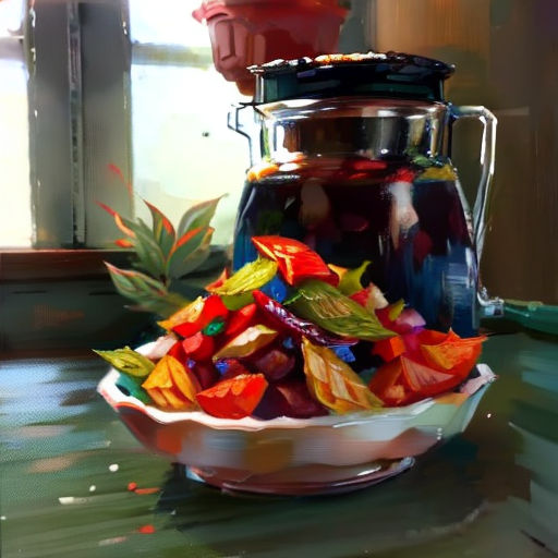 a bowl of candy sitting on a table next to a glass jar of candy and a pot of leaves