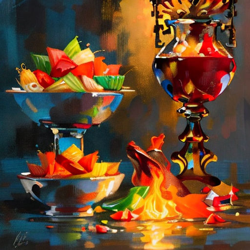 a painting of a bowl of food on fire and a vase of flowers on fire on the ground with a candle