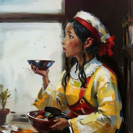 a painting of a woman holding a bowl of food in her hand and looking out a window at the outside