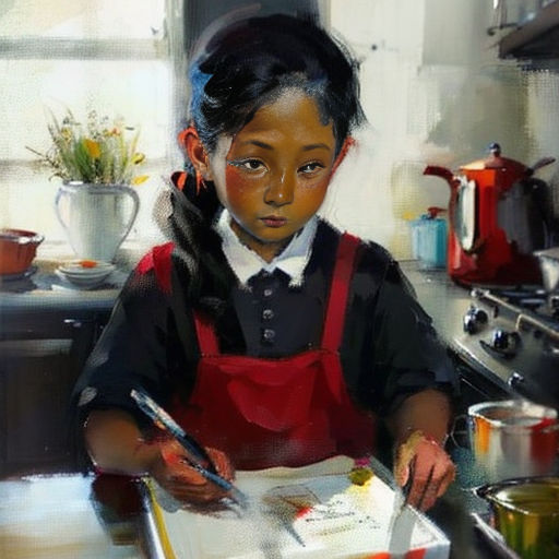 a painting of a girl in a kitchen with a book and pen in her hand and a pot of flowers in the background