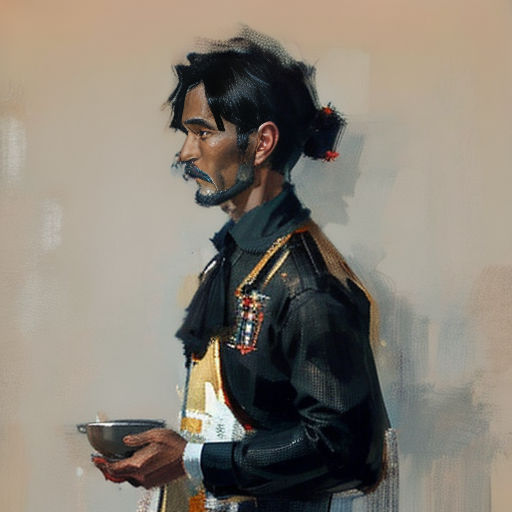 a painting of a man in uniform holding a bowl of food in his hand and looking to the side