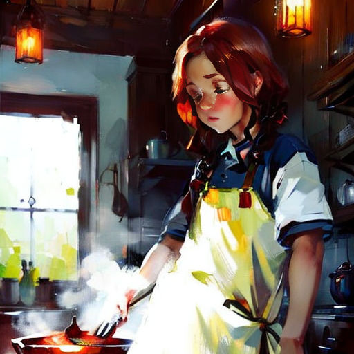 a painting of a woman cooking in a kitchen with a pot on the stove and a light shining on her