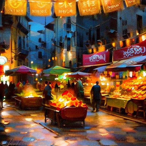 a painting of a street market with people walking around it at night time with lights on the buildings and people walking around