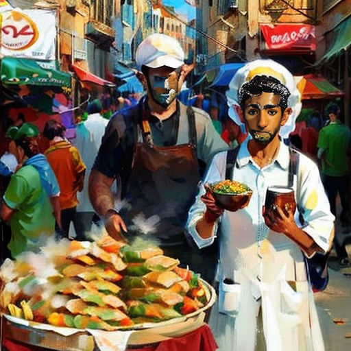 a painting of two men cooking food on a street corner with a large bowl of food in front of them