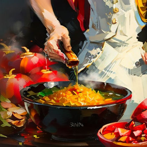 a painting of a woman cooking food in a bowl with a spoon in it and a bowl of apples in the background