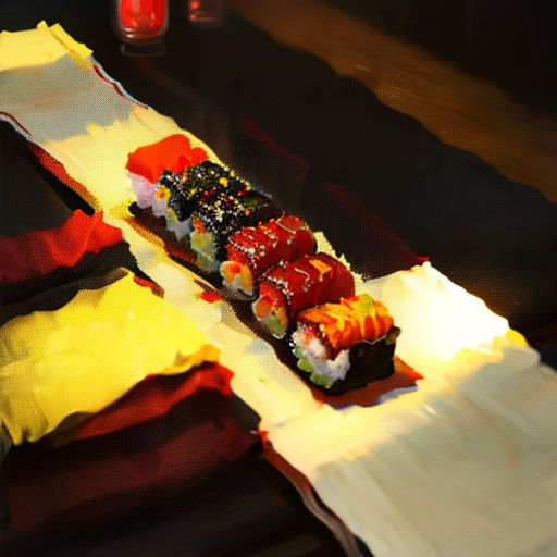 a sushi dish is displayed on a table with a candle in the background and a red candle in the middle