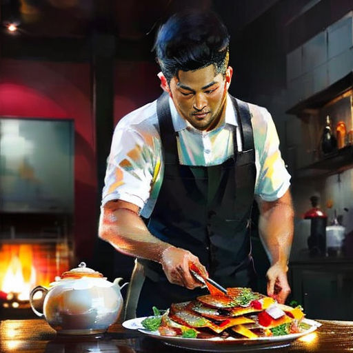 a man in an apron is cutting a plate of food on a table with a kettle and a kettle