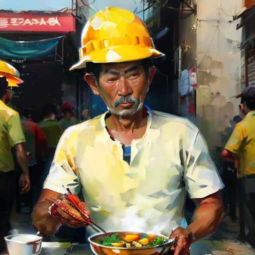 a man in a hard hat is holding a bowl of food and a fork in his hand while another man in a yellow hard hat is holding a cup