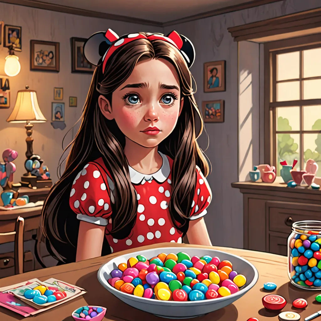 a girl sitting at a table with a bowl of candy in front of her and a bowl of candies in front of her, pop surrealism, a storybook illustration, Drew Struzan, highly detailed digital painting