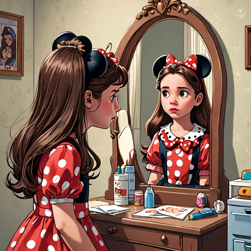 a girl is looking at herself in the mirror while she is brushing her teeth and brushing her teeth with a toothbrush, hyperrealism, a comic book panel, Drew Struzan, highly detailed digital painting