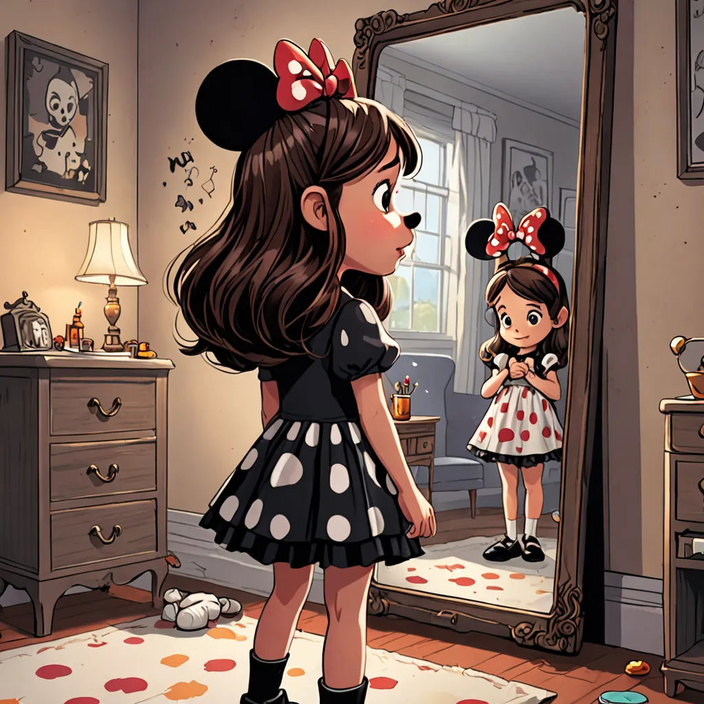 a little girl looking at herself in a mirror with a minnie mouse ears on her head and a polka dot dress, pop surrealism, a storybook illustration, disney, pixar and disney animation