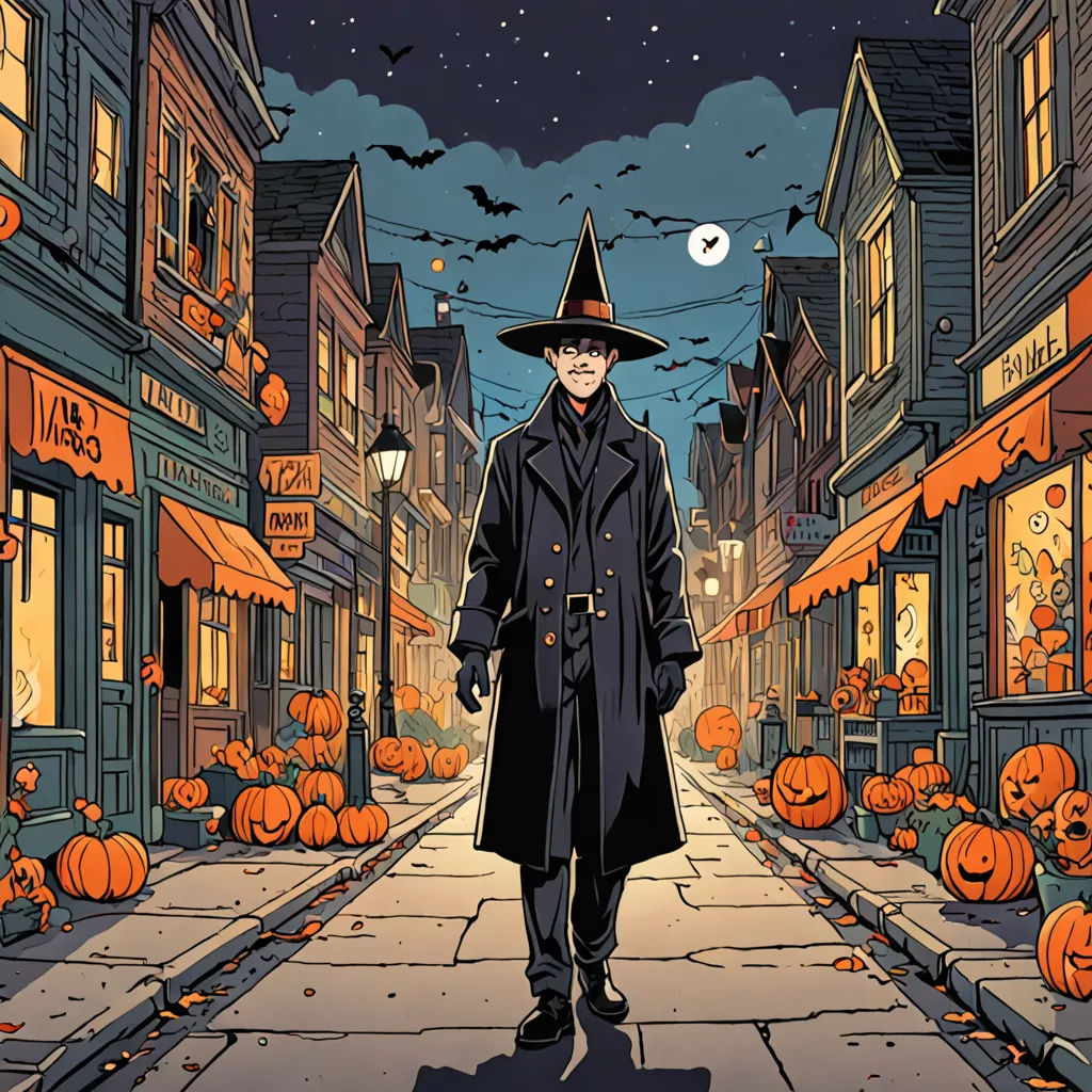 a man in a witches hat walking down a street with pumpkins on the ground and a full moon in the sky, gothic art, poster art, Colin Middleton, promotional image
