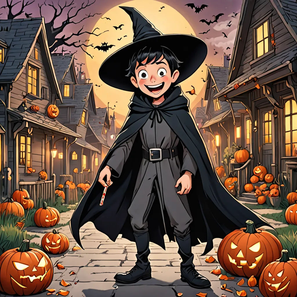 a cartoon boy dressed as a witch standing in front of a house with pumpkins on the ground and a full moon behind him, dau-al-set, a character portrait, Cliff Childs, official art