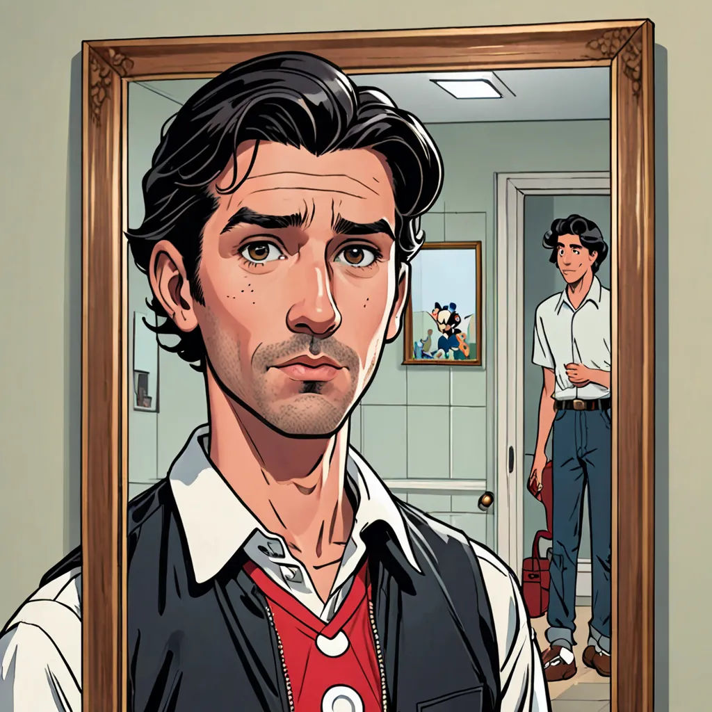a man is looking at himself in a mirror with a reflection of himself in the mirror behind him and a man in a white shirt and tie is standing in the background, new objectivity, a comic book panel, Benjamin Marra, tom of finland