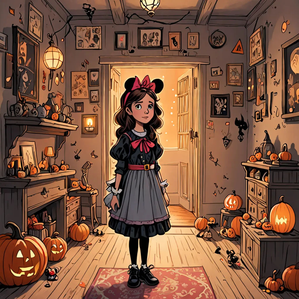 a girl in a room with pumpkins and a cat on the floor and a cat on the floor, gothic art, a storybook illustration, Clarice Beckett, kinkade