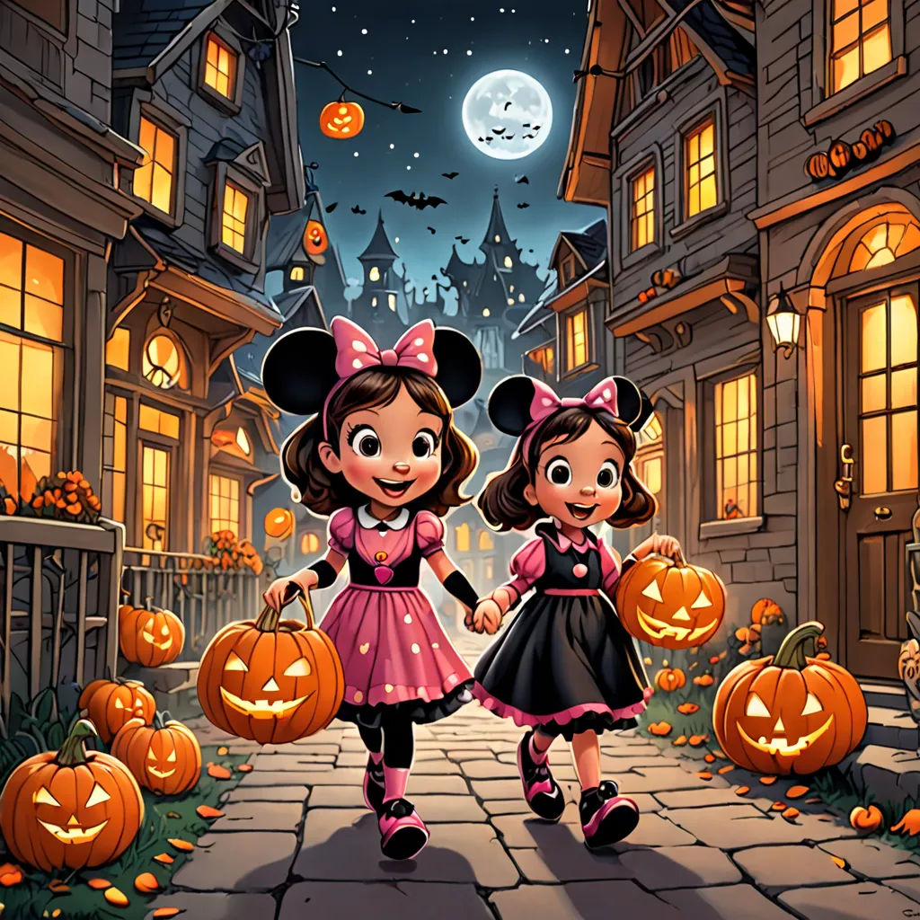 two children dressed up as minnie and mickey mouse walking down a street with pumpkins on the ground and a full moon in the sky, gothic art, a storybook illustration, Drew Struzan, kinkade