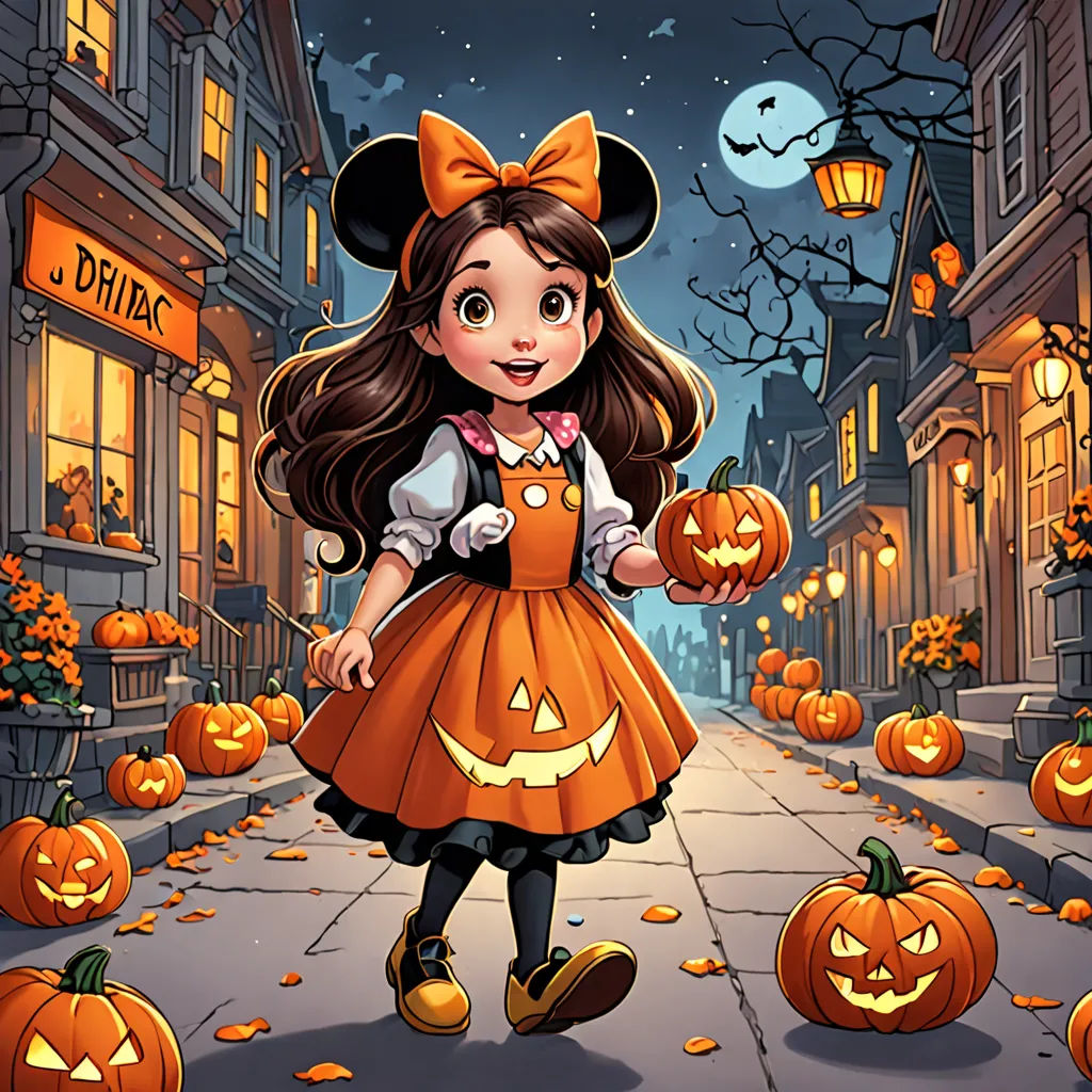 a cartoon girl dressed as a halloween witch with pumpkins on the street and a full moon in the sky, gothic art, a storybook illustration, Anne Stokes, kinkade