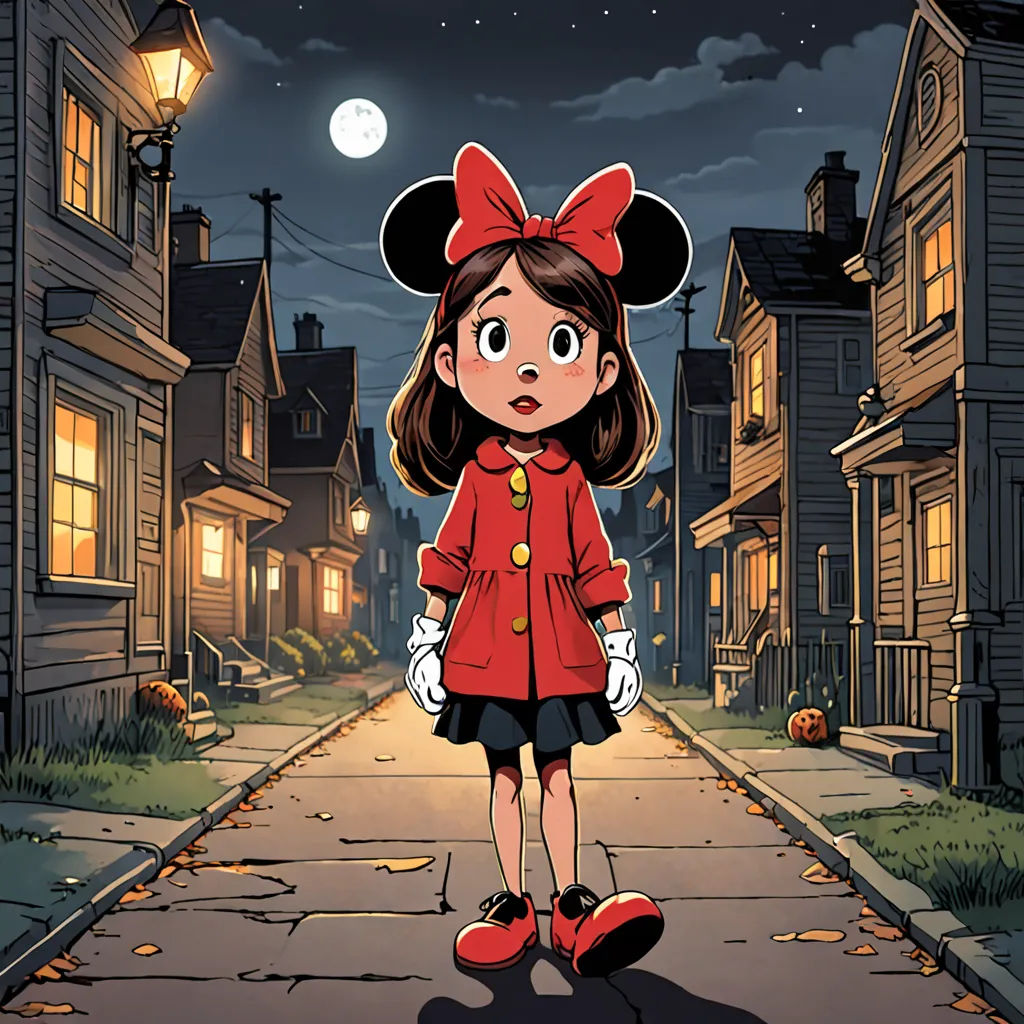 a cartoon girl in a red coat and black skirt standing on a street at night with a full moon in the background, underground comix, a comic book panel, disney, official art