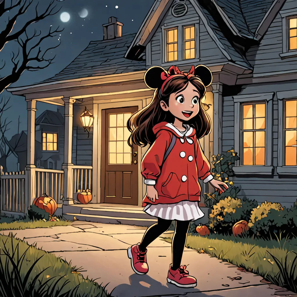 a girl in a red jacket and red shoes is walking towards a house at night with a full moon, process art, a comic book panel, Cliff Childs, promotional image