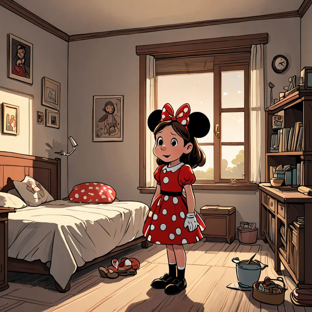 a cartoon of a girl in a bedroom with a bed and a desk with a lamp on it and a window, serial art, a comic book panel, disney, rossdraws global illumination