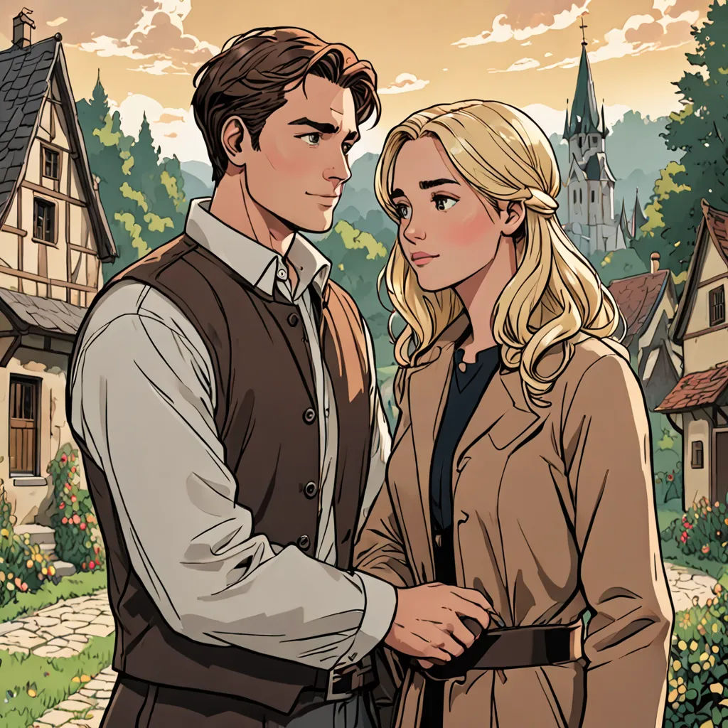 a man and a woman standing in front of a house with a castle in the background and a sky with clouds, german romanticism, a comic book panel, Claire Falkenstein, kinkade