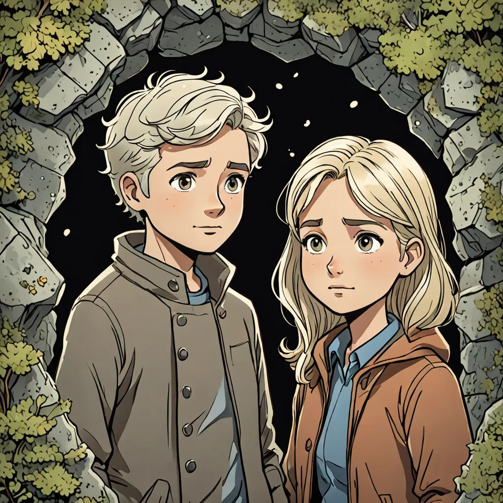 a couple of people standing in front of a tunnel with rocks and plants on it, with a black background, process art, a manga drawing, Cliff Childs, graphic novel