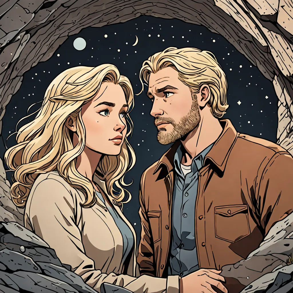 a man and a woman standing in a cave looking at each other with a star in the background of the picture, space art, a comic book panel, Alan Davis, comic cover art