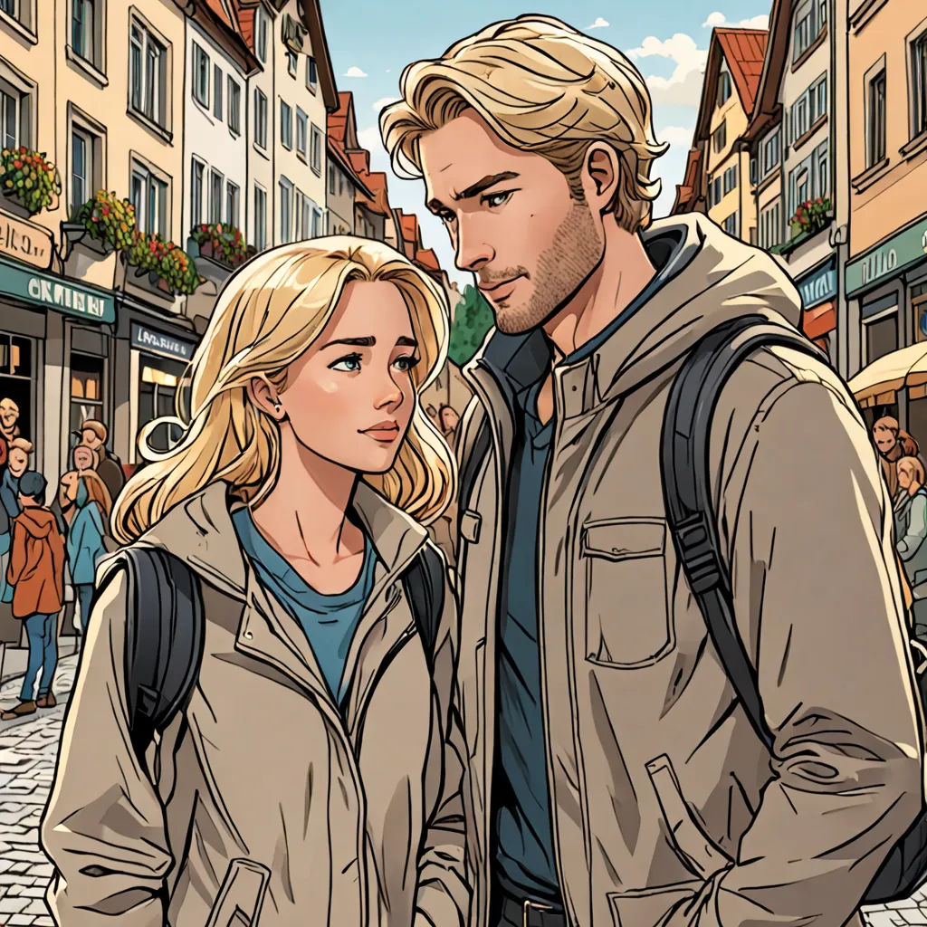 a man and a woman standing in front of a crowd of people on a street with buildings in the background, german romanticism, a comic book panel, Claire Falkenstein, graphic novel
