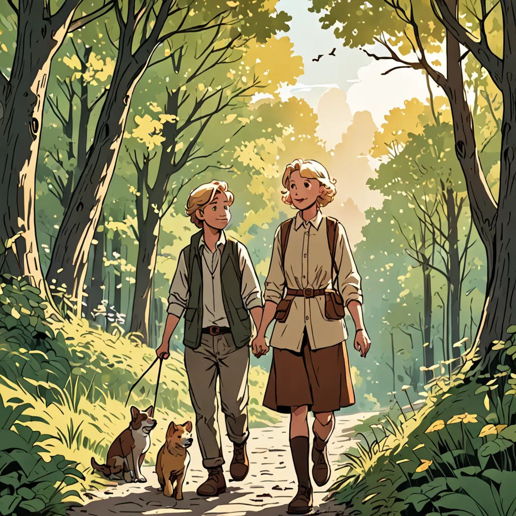 a man and a woman walking a dog in the woods together on a path with trees and a dog, process art, a comic book panel, Colin Middleton, official art
