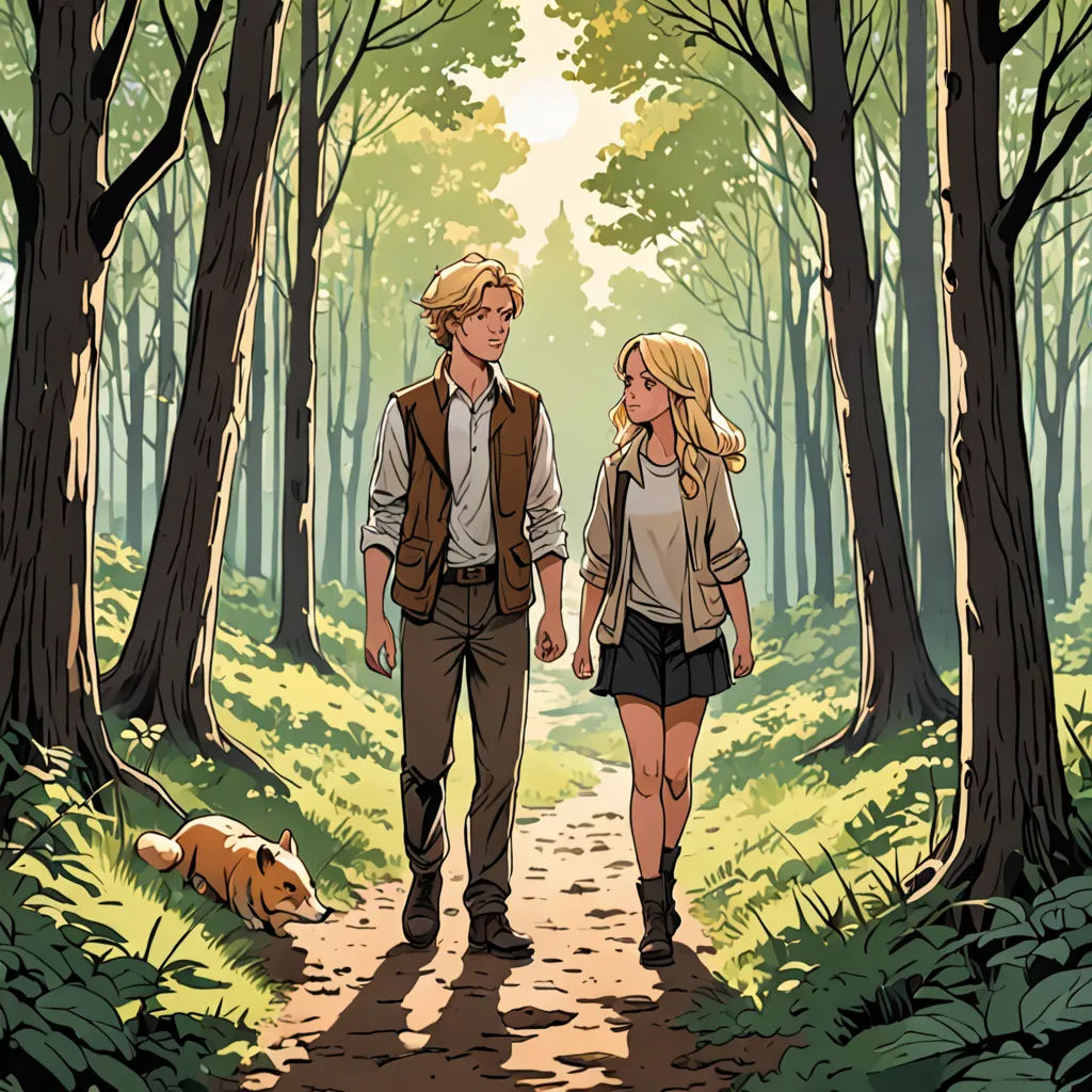 a man and a woman walking down a path in the woods together, with a dog laying on the ground, private press, a comic book panel, Cliff Childs, official art